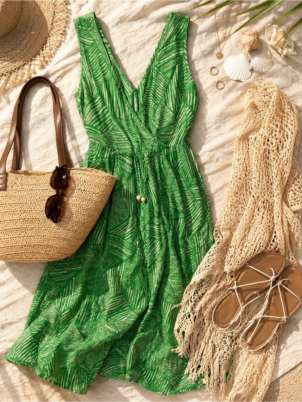 Green Printed V-Neck Women's jumpsuit with Tie Waist
